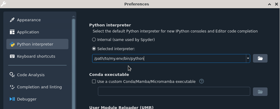 Example Spyder IDE Python interpreter configuration in preferences